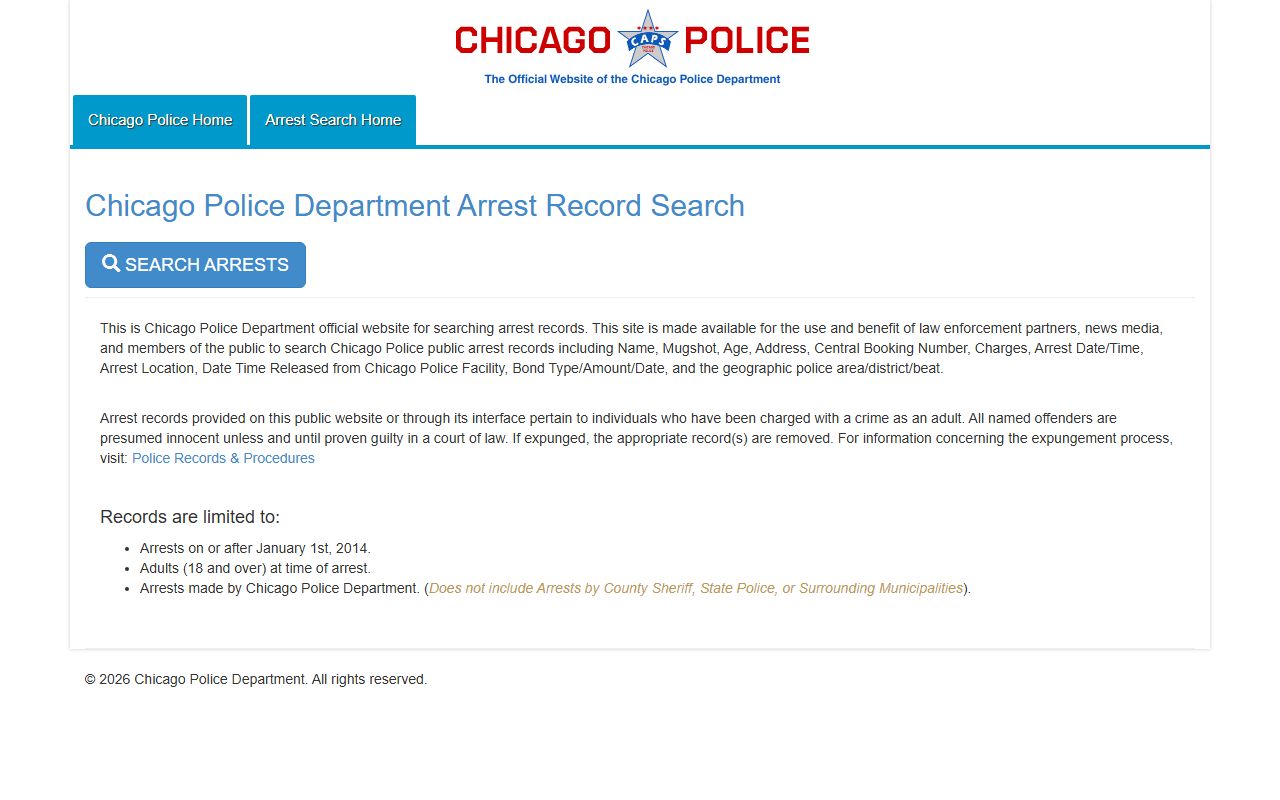Chicago Police Department arrest search portal for recent bookings