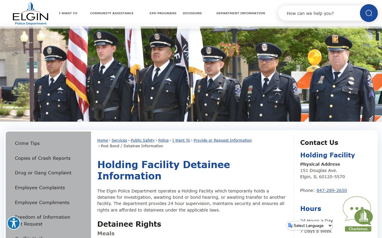 Elgin Police Department holding facility page for post-bond detainee information and recent bookings