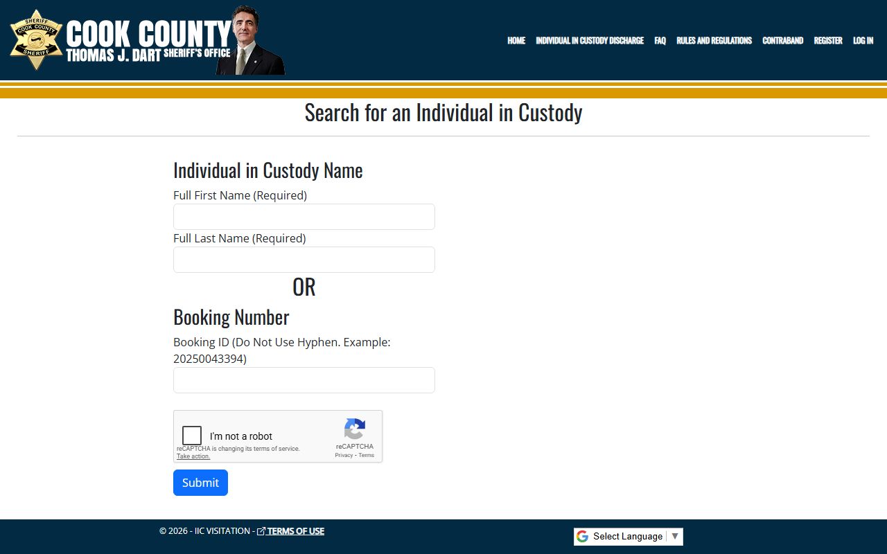 Cook County Individual in Custody Locator search page for recent bookings