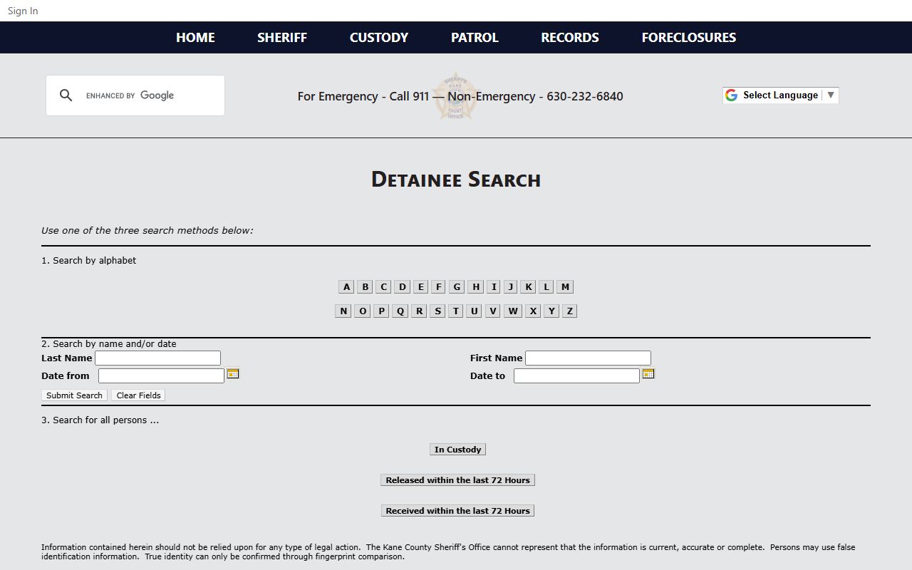Kane County Sheriff detainee search page for recent bookings lookup