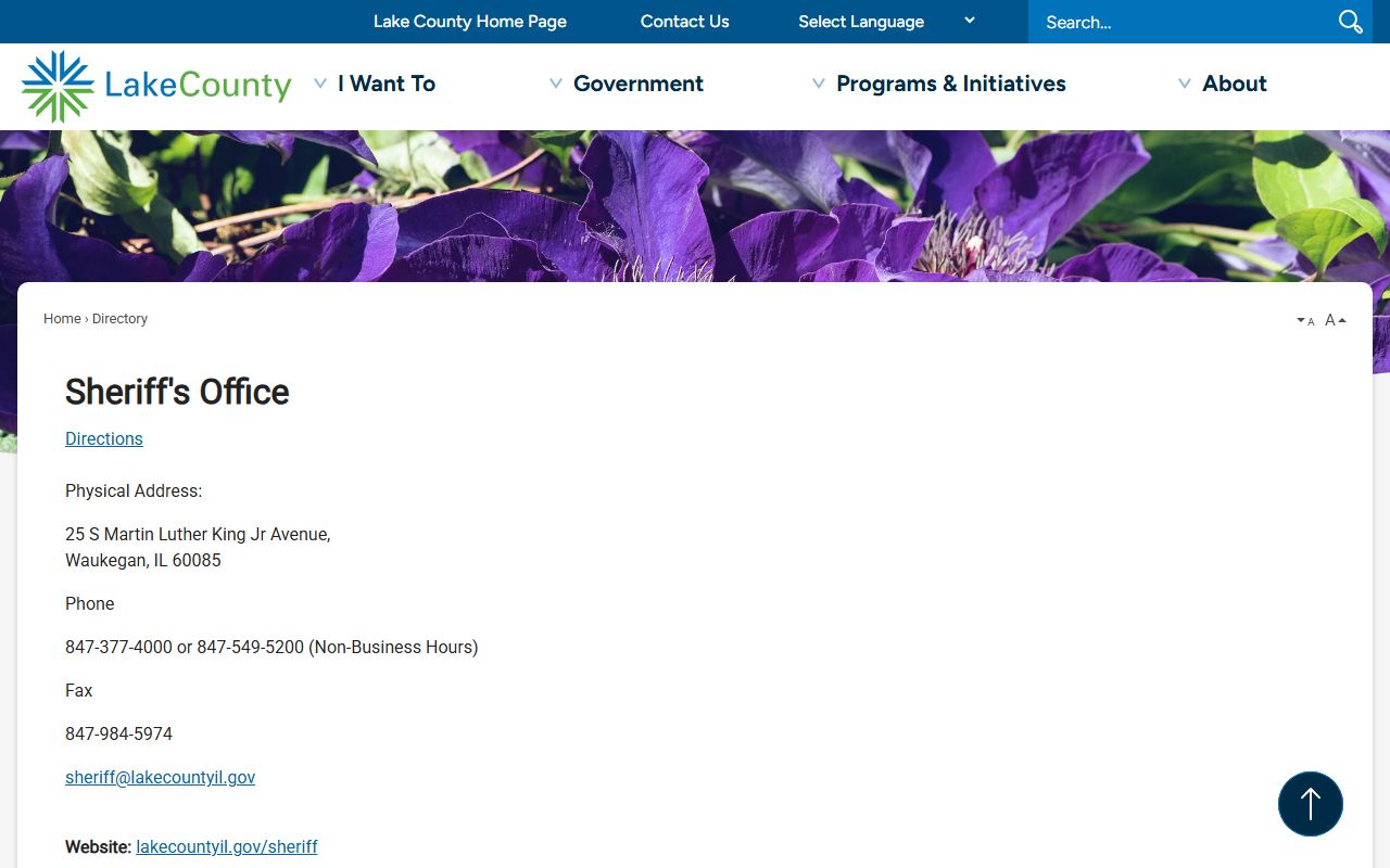 Lake County Sheriff directory page for booking and arrest record inquiries