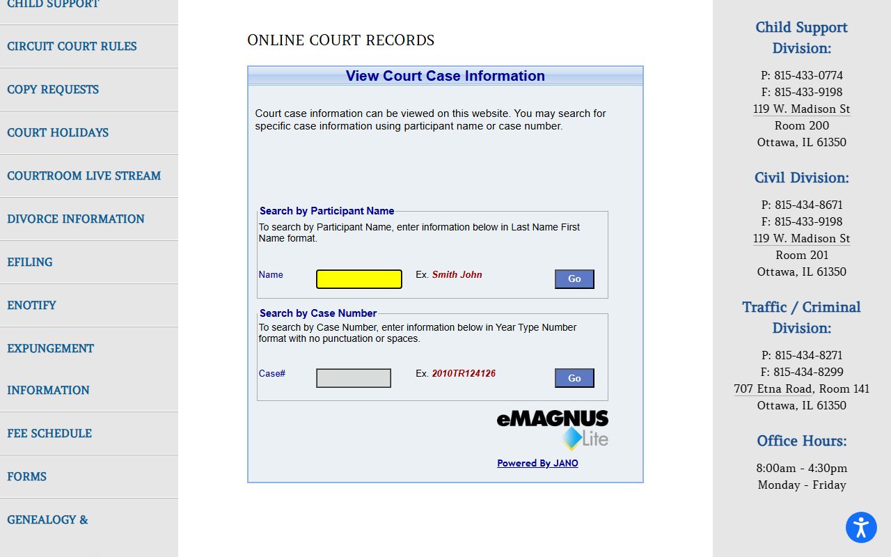 LaSalle County online court records search page