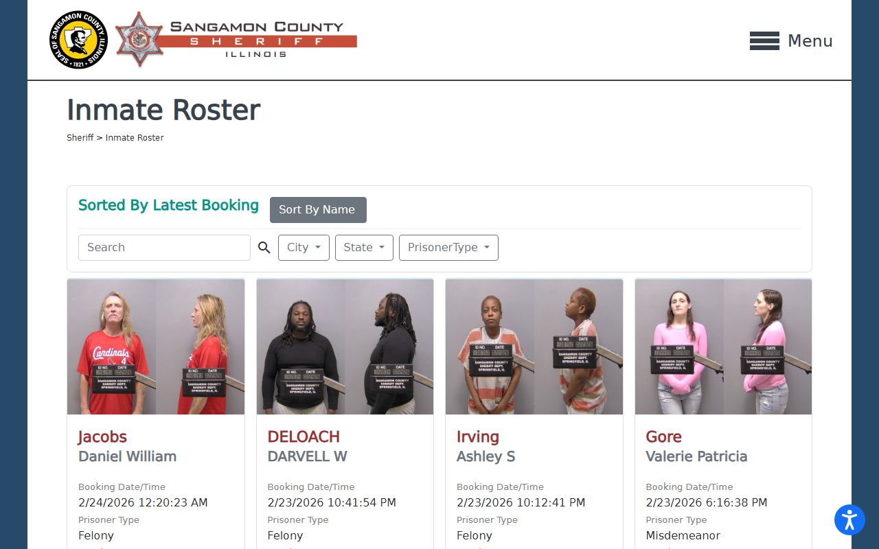 Sangamon County inmate roster page for recent bookings lookup