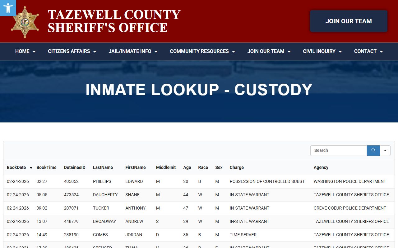 Tazewell County inmate lookup page for searching recent bookings