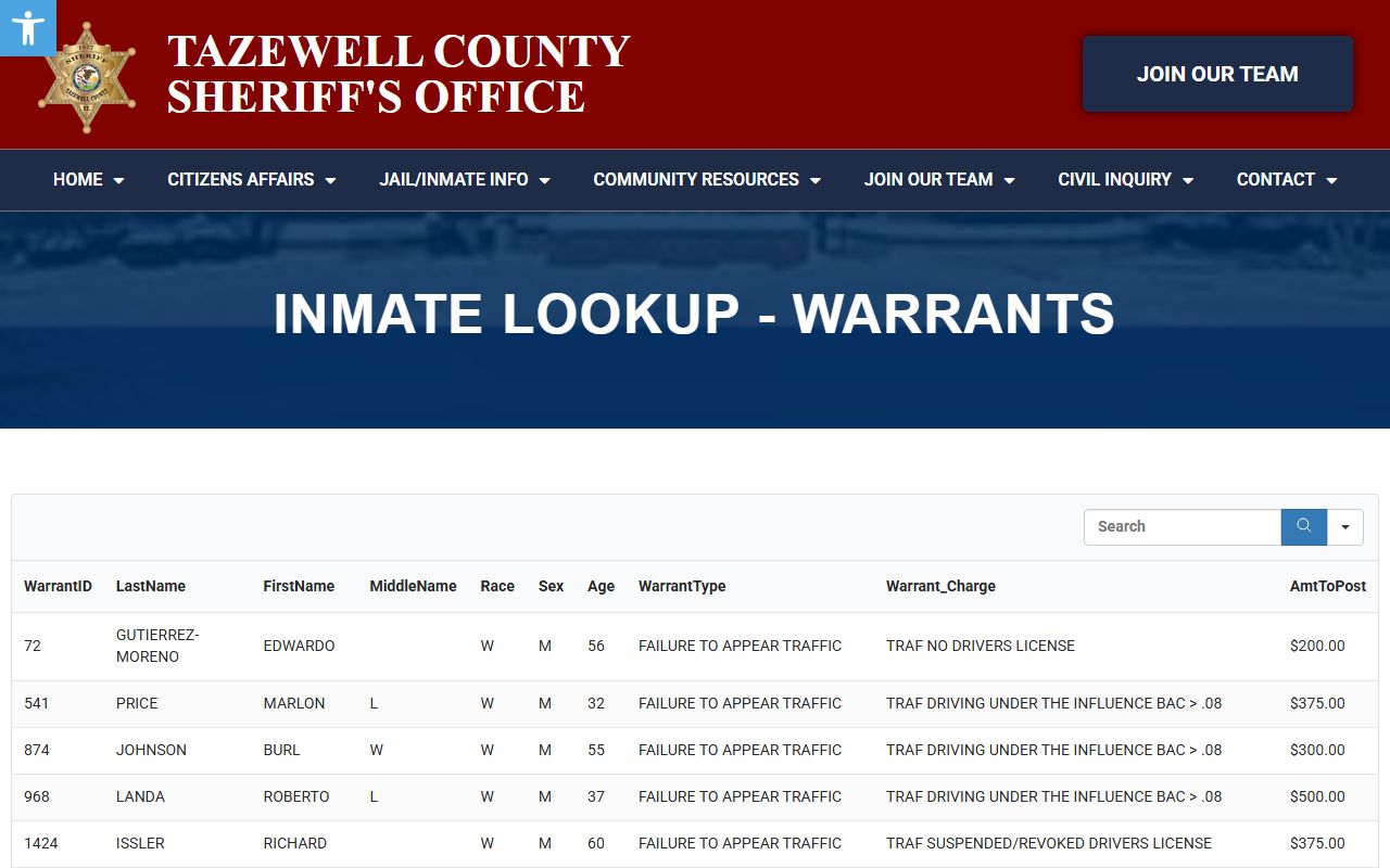 Tazewell County warrant lookup page for checking active warrants