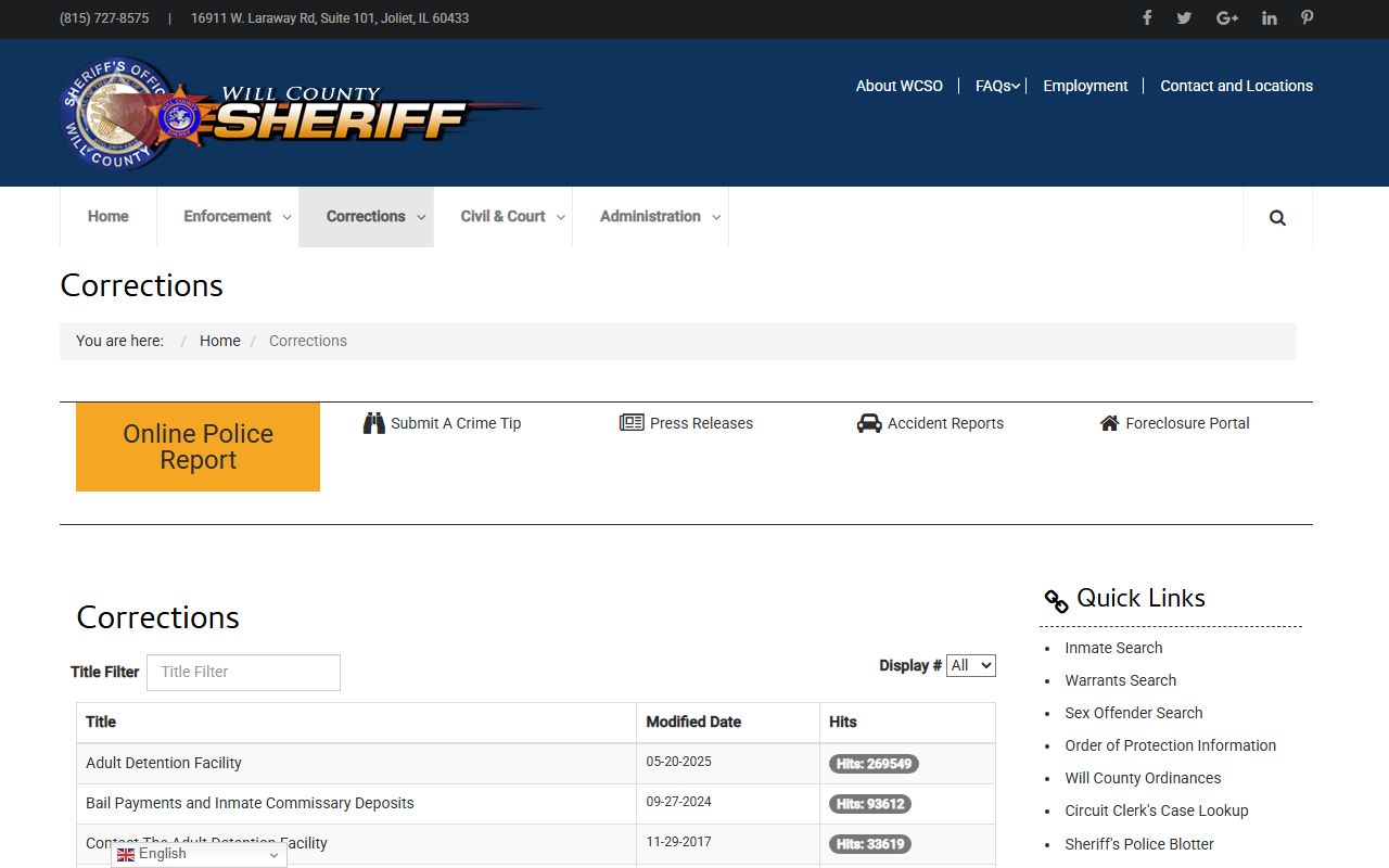 Will County corrections division page with jail policies and booking information