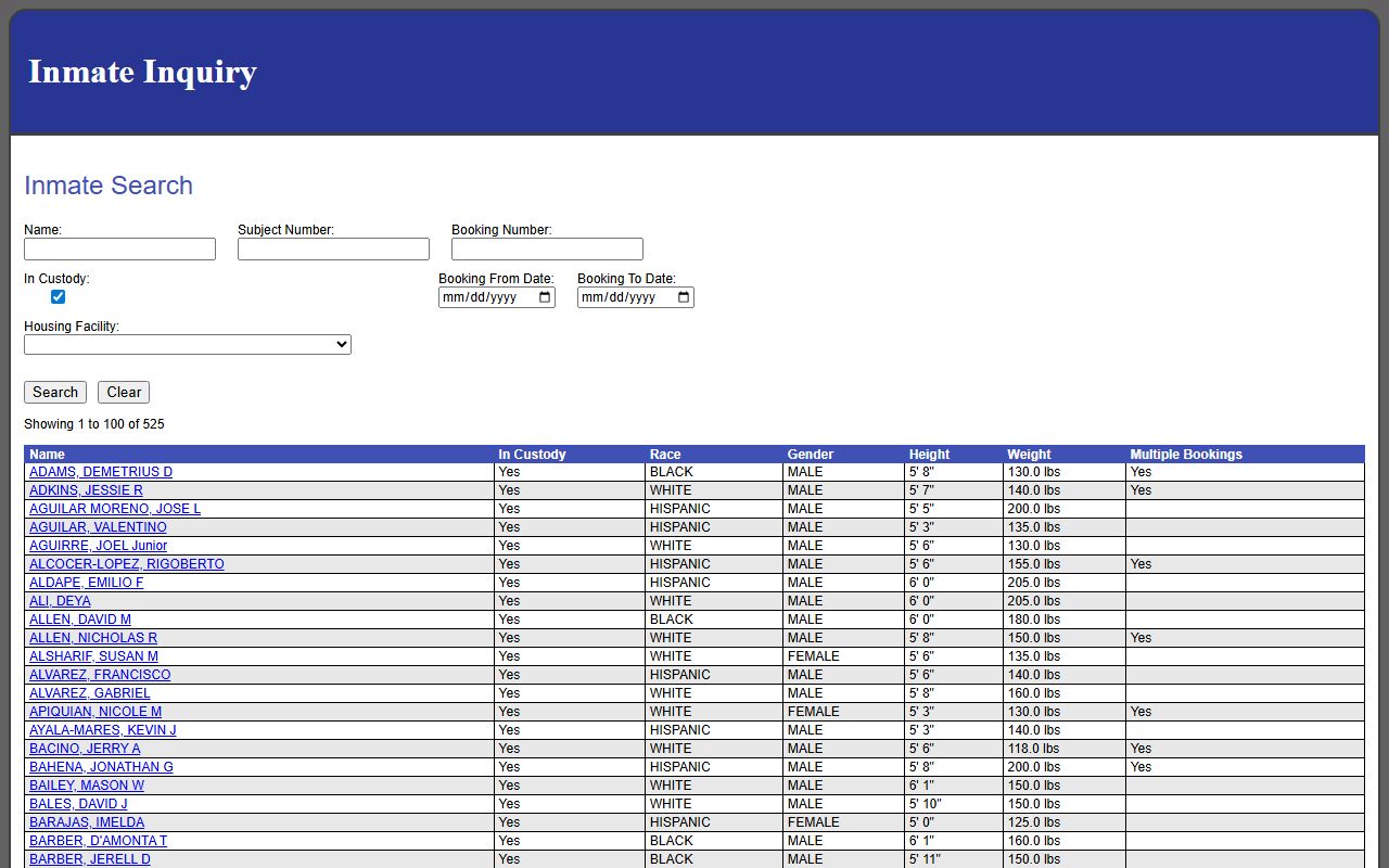 Will County inmate inquiry search tool for recent bookings and custody status