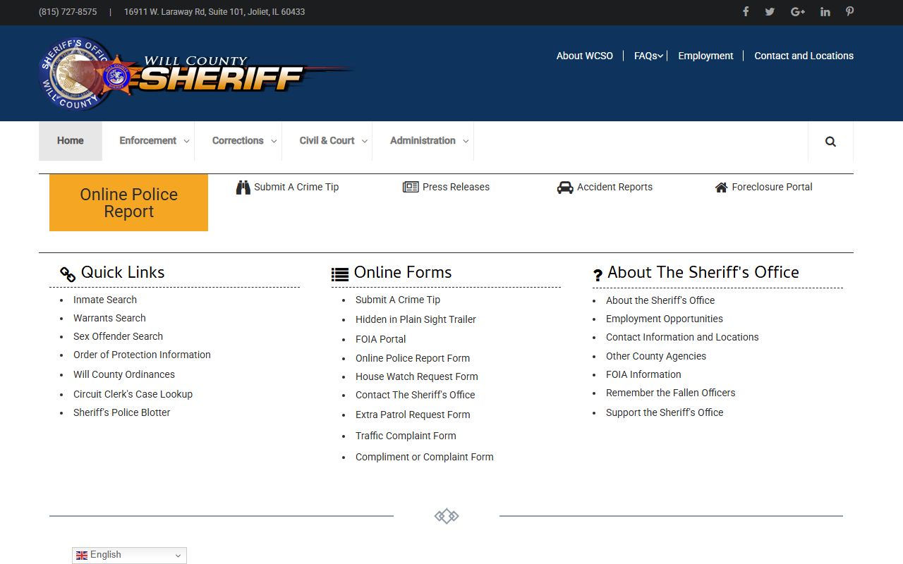 Will County Sheriff's Office homepage for recent bookings and inmate search