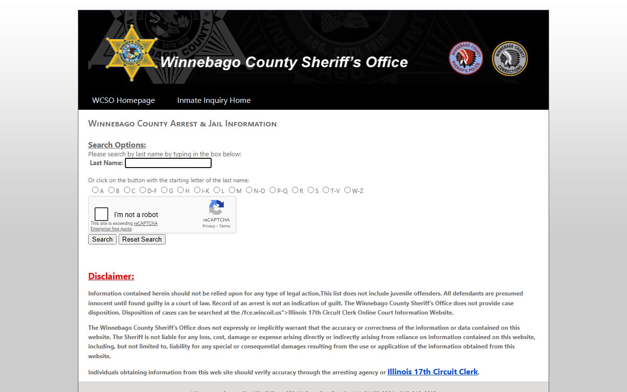 Winnebago County inmate inquiry system for recent bookings lookup