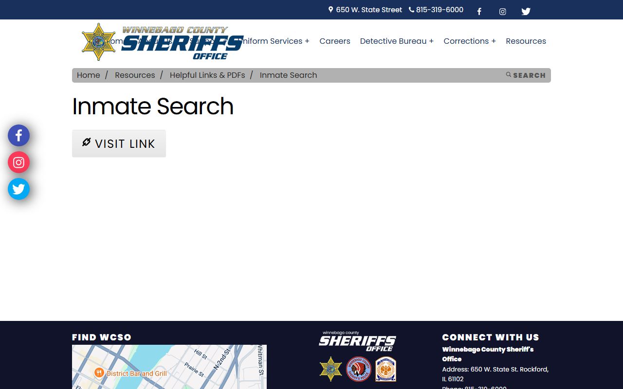 Winnebago County inmate search page for booking records